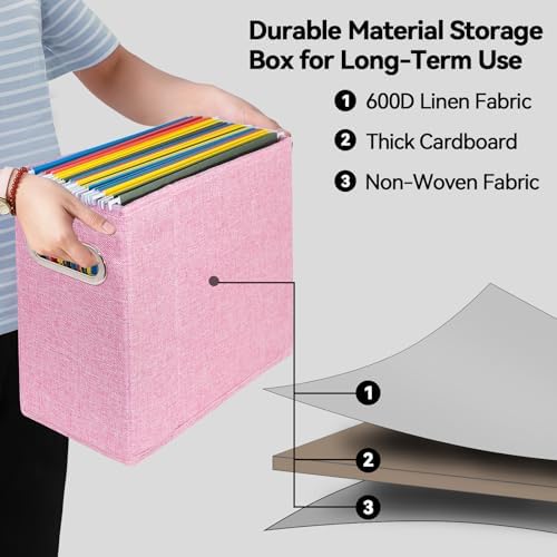 4 Pack Letter Size File Storage Box Collapsible，Fabric Hanging File Folders Organizer, Portable Office Document Holder with Metal Handle, Smooth PVC Rails, Pink - Image 3