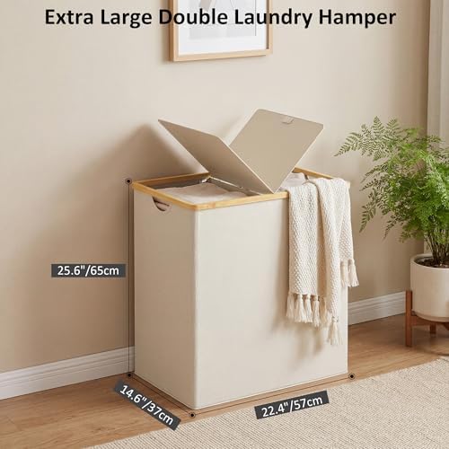 efluky Double Laundry Hamper with Lid and 2 Removable Bags, Beige - Image 2