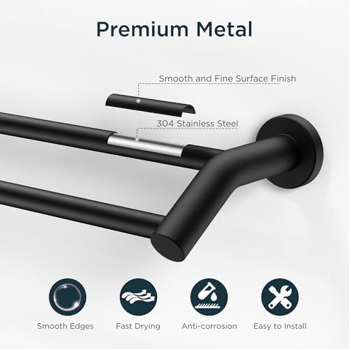 FORIOUS Double Towel Bar 24", Bathroom Towel Holder Rod Wall Mounted Black - Image 5
