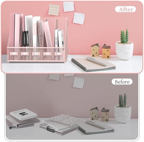 SUPEASY Desk Organizers Metal Desk Magazine File Holder with 5 Vertical Compartments Rack File Organizer for Office Desktop, Classroom, Home Workspace, Pink - Image 5