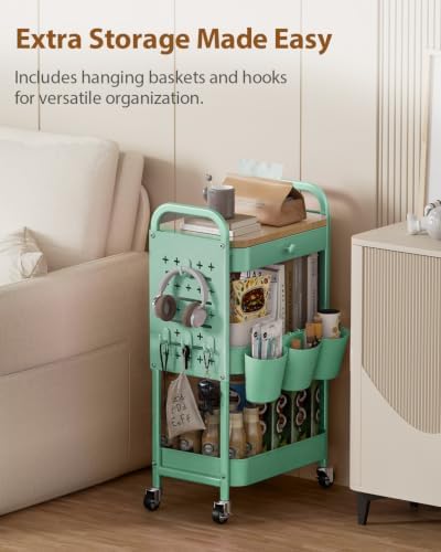 ALVOROG 3 Tier Metal Rolling Cart with Drawer,Wood Top,Pegboards,Green - Image 2