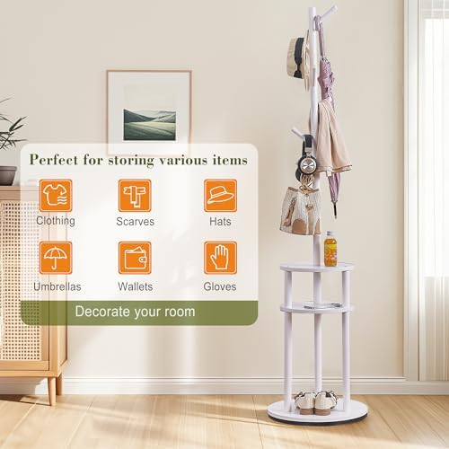 VECELO Coat Rack Freestanding, Entryway Hanger Stand, Umbrella Holder, Hall Tree With Hooks, Floor Standing Tree Stand,White - Image 6