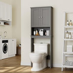 Over the Toilet Storage Cabinet, Bathroom Storage Over Toilet with Two Doors and Adjustable Shelf, Space Saver with Open Shelf, Gray - Image 3