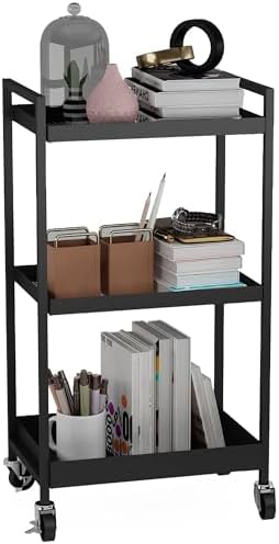 3-Tier Metal Utility Rolling Cart, Heavy Duty Multifunction Rectangular Cart with Lockable Casters, Easy to Assemble, Suitable for Office, Bathroom, Kitchen - Black by Elitehouse