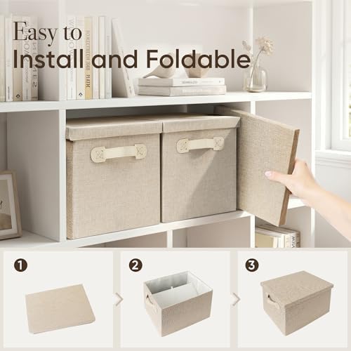Fabric Storage Bins with Lids, Heavy Duty Collapsible Organizer Bins for Shelves, Stackable Closet Woven Baskets with Handles, 25L Rectangle Boxes for Bedroom Office, Cube Home Decor (Beige 2 Pack) - Image 3