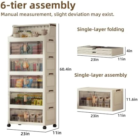260QT Stackable Storage Bins with Lids & Rack, 6 Tier Large Capacity Foldable Storage Cabinet, Clear Collapsible Pantry Organizer for Home, Kitchen, Bathroom, Dorm, Office, Clear - Image 3