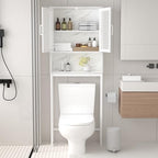 Launica 65 Inch Over The Toilet Storage Cabinet Wood and Metal White Marble - Image 3