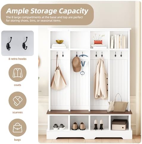 Merax Farmhouse Hall Tree with Bench and Shoe Storage, 59" Entryway Bench with Coat Rack, 8 Hooks and Top Compartments, 3-in-1 Entryway Hall Tree for Hallway, Living Room, White - Image 5
