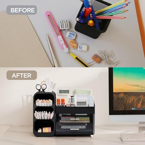 HBlife Desk Organizer with Pen Pencil Holder for Desk, Pen Organizer with 2 Drawers, Desk Organizers and Accessories with 4 Compartments, Desktop Storage for Office Home School Art Supplies, Black - Image 6