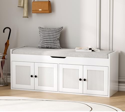 47.2" Storage Bench - Entryway Shoe Bench with 4 Doors and Top Storage Area, Multifunctional Entryway Bench with Lift Top Cushion, Shoe Storage Bench for Bedroom, Living Room, White by AboutBrand