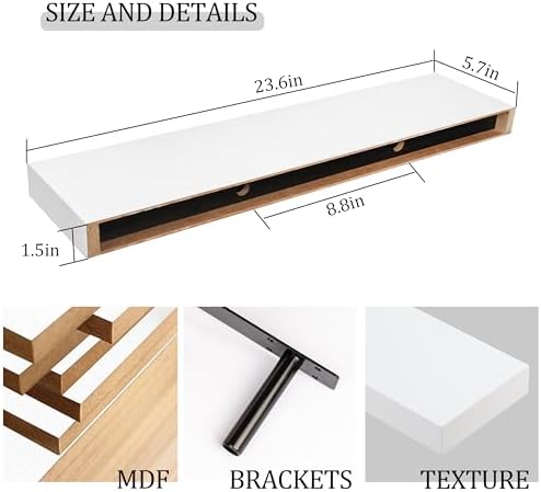 BAMEOS Floating Wall Shelves 24 x 6 Inch – Easy-Install Hanging Shelves with Hardware Included | Modern Decor Shelf for Bathroom, Bedroom & Living Room Storage, Set of 2, White - Image 3