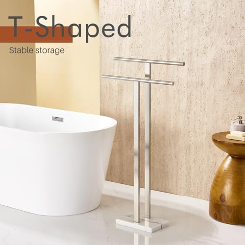 KOKOSIRI Towel Rack Free Standing Brushed Nickel 2-Tier Towel Holder for Bathroom Floor Stand with Heavy Marble Base Thicken Steady Design Stainless Steel THS0005-BR - Image 3