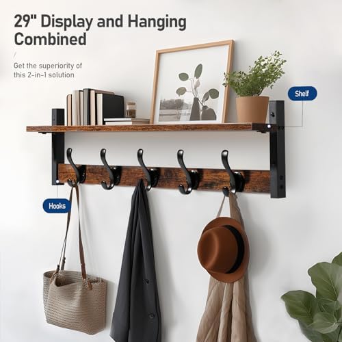 Tatub 29" Rustic Coat Rack Wall Mount with Shelf, Entryway Wall Hooks with Shelf, Coat Hangers for Bathroom, Living Room, Bedroom, Rustic Black - Image 2