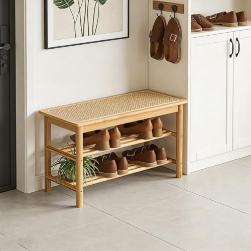 latifolia Shoe Rack Bench, 3-Tier Bamboo Shoe Bench with Breathable Rattan Seat Cushion, Shoe Storage Rack for Entryway(Nautre,39.70''L) - Image 6