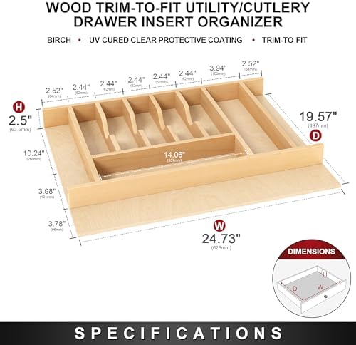 Clikuutory Natural Birch Wood Utensil Drawer Insert Organizer with 10 Compartments, Space-Saving Sturdy Drop-In Cutlery Divider Tray, Kitchen Cabinet Storage for Silverware, Spoons, Forks and Knives - Image 2