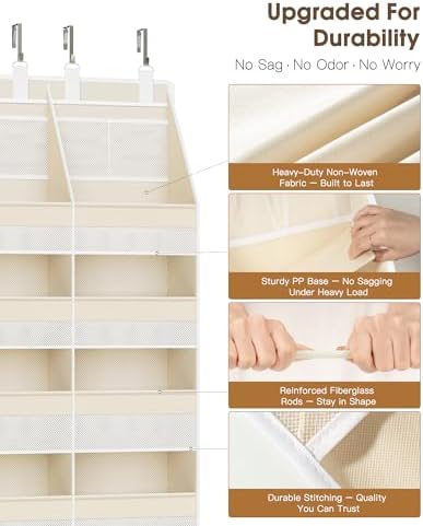 Criusia Over the Door Organizer, Extra Large 12 Compartments Closet Hanging Storage with 14 Mesh Pockets, 85lbs Capacity Behind the Door Storage for Baby Nursery, Bathroom, Bedroom, and Dorm, Beige - Image 3