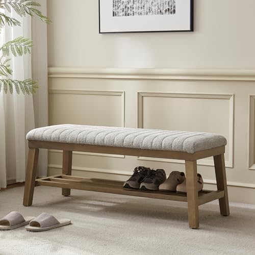 VKNOW Entryway Bench, Storage Shoe Bench with Rubberwood Legs, Beige by VKNOW