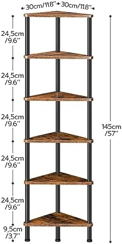 HOOBRO Corner Shelf Stand, Industrial 6-Tier Wall Corner Bookshelf with Metal Frame, Plant Display Shelf, Bookcase for Small Spaces, Bedroom, Living Room, Rustic Brown BF36CJ01 - Image 3