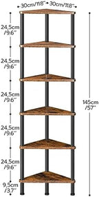 HOOBRO Corner Shelf Stand, Industrial 6-Tier Wall Corner Bookshelf with Metal Frame, Plant Display Shelf, Bookcase for Small Spaces, Bedroom, Living Room, Rustic Brown BF36CJ01 - Image 3