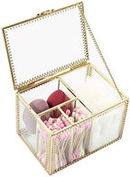 Vintage Golden Glass Lidded Box Qtip Holder Dispenser Jewelry and Cosmetic Makeup Organizer for Cotton Ball, Cotton Swab, Q-Tips, Cotton Pad, Makeup Brush, Cosmetics, Jewelry by Unknown