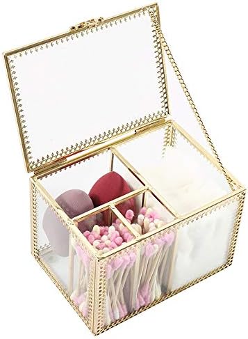 Vintage Golden Glass Lidded Box Qtip Holder Dispenser Jewelry and Cosmetic Makeup Organizer for Cotton Ball, Cotton Swab, Q-Tips, Cotton Pad, Makeup Brush, Cosmetics, Jewelry by Unknown