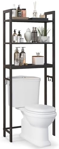 GIANTEX Over The Toilet Storage Shelf, 3-Tier Freestanding Space Saver Above Toilet Shelves with 3 Hooks & Adjustable Bottom Bar, Over Toilet Bathroom Organizer for Restroom, Laundry (Coffee) by Giantex