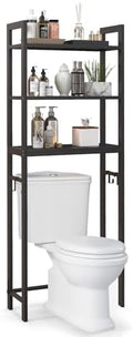 GIANTEX Over The Toilet Storage Shelf, 3-Tier Freestanding Space Saver Above Toilet Shelves with 3 Hooks & Adjustable Bottom Bar, Over Toilet Bathroom Organizer for Restroom, Laundry (Coffee) by Giantex