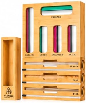 9-in-1 Bamboo Kitchen Drawer Organizer - Storage Bag Holder with Built-In Foil & Wrap Cutter Dispenser - Wooden Food Storage Bag Organizer for Gallon, Quart, Sandwich and Snack Sizes by Unknown