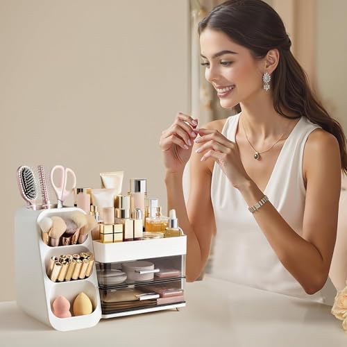 HBlife Makeup Organizer with Brush Holder for Vanity, Large Plastic Bathroom Countertop Organizer Skin Care Storage, Easy to Store Lipsticks, Nail Polishes, Perfumes, Eyeshadow Palettes, White - Image 6