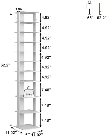 HOMEFORT 10-Tier Vertical Shoe Rack, Corner Shoe Tower, Slim Shoe Organizer with Two Hanging Hooks, Wooden Shoe Storage Stand for Entryway, Hallway, Closet (White) - Image 3