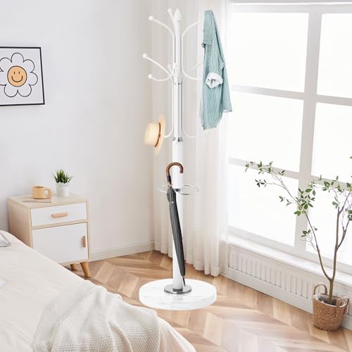 ZOZOE Metal Coat Rack Stand, Modern Coat Rack Freestanding with Natural Marble Base, Sturdy Coat Racks with 12 Hooks & Umbrella Holder,White Coat Tree Hanger Stand for Bags,Hats,Entryway,Office - Image 6