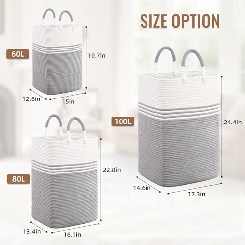 Laundry Basket Hamper,Blanket Storage,Dirty Clothes Hamper with Swivel Handles,Woven Cotton Rope Toy Baskets,Blanket Basket Living Room,Decorative Hampers for Nursery,Bedroom,White & Gray,100L - Image 5
