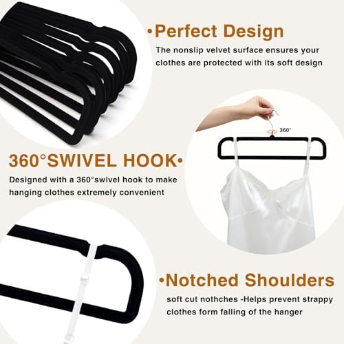 60 Pack Black Velvet Felt Pants Hangers with 60 Hooks, Heavy Duty Space Saving Clothes Hangers with 360° Swivel Hook, Non Slip Thin Cute Flocked Design for Shirts, Coats, Dresses & Closet Organization - Image 2