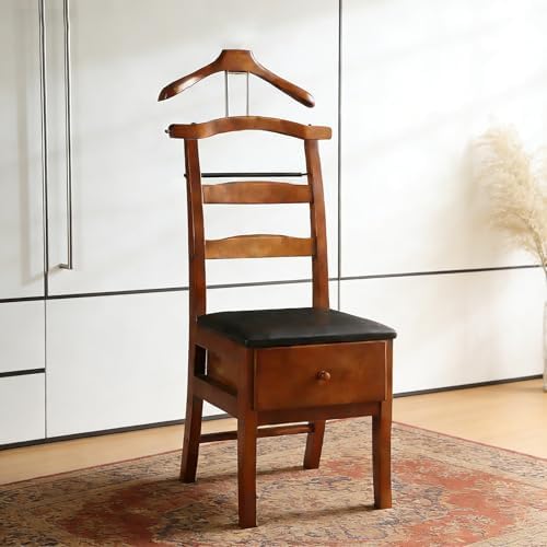 Chair Valet With Drawer,Wooden Suit Valet Stand With Contour Hanger,Trouser Bar and Tie & Belt Bar, 18" W x 23" D x 44" H,Natural wood color by Unknown