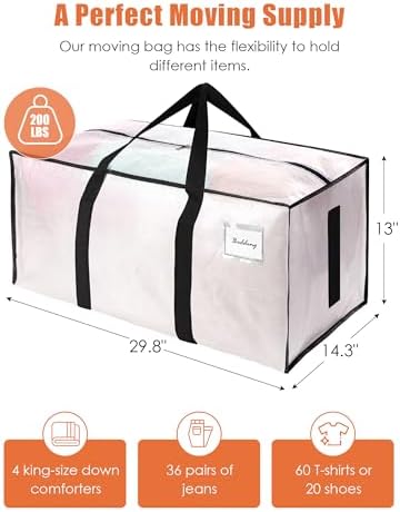 SWEET DOLPHIN 12 Pack 200LB Heavy-Duty Moving Bags with Wrap-Around Handles, Extra Large Storage Totes for Space Saving, Clothes Storage Bags, College Dorm Essentials, Semi-Transparent, 24 Gal - Image 4
