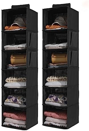 2 Packs Hanging Closet Organizer Storage, 6-Shelf Hanging Shelves for Closet, Closet Clothes Organizer and Storage with Side Pockets, Black by WelcometoYRCBEHFU
