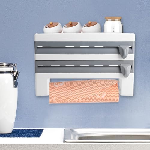 Plastic Wrap Dispenser, Wall Mount Kitchen Sauce Bottle Storage Rack Paper Towel Holder Foil Cling Film Cut Dispenser with Cutter (Grey White) - Image 5