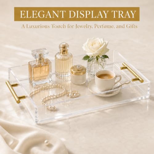 Clear Acrylic Tray 20x16” with Golden Metal Handles - Large Plastic Tray for Serving Guests, Countertop Organization, Ottoman Coffee Table & Vanity – Modern Decorative Tray for Home & Office - Image 2