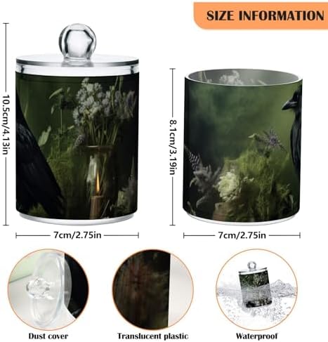 Qtip Cotton Ball Holder Dispenser with Lid, Raven Book Flower Print Plastic Jars Bathroom Canisters Storage Organizer 4 Pack - Image 3