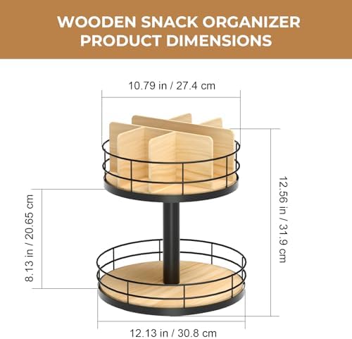 Snack Organizer - Versatile Snack Storage 2 Tier Lazy Susan with Convenient Grab-and-Go Design, Wood and Metal Snack Holder for Home, Office, Breakroom, 12.13" L x 12.13" W x 12.56" H - Image 3