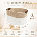ECDYQXVU 15x10x9 Woven Cotton Rope Storage Basket, Leather Handles 2 Pack - Image 2
