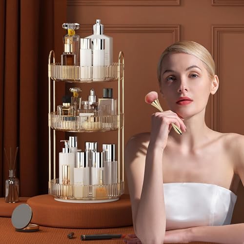 YCIA&DONE 360 Rotating Makeup Organizer and Storage for Vanity Countertop 3 Tiers, High Capacity Cosmetic Skincare Perfume Organizers for Dresser Bathroom Lazy Susan (Amber Gold) - Image 5