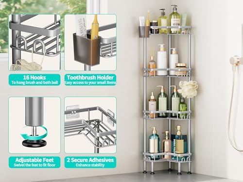 HapiRm Standing Shower Caddy Corner - 4 Tier Corner Shower Organizer with Toothbrush Holder and 16 Hooks, Large Capacity Rustproof Bathroom Shelves for Tall Bottles, Silver - Image 2