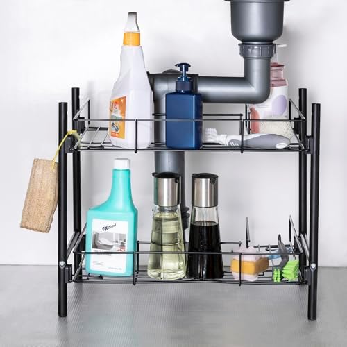 2-Tier Under Sink Organizer Multipurpose Movable Rolling Cart Storage Cabinet Basket for Bathroom Kitchen with Hand Towel Bar, Black - Image 2