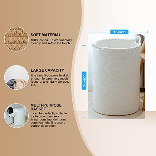 58L Woven Laundry Basket,Cotton Tall Laundry Hamper for Blankets,Clothes,Pillows,Toys,Shoes Large Laundry Bin White - Image 4