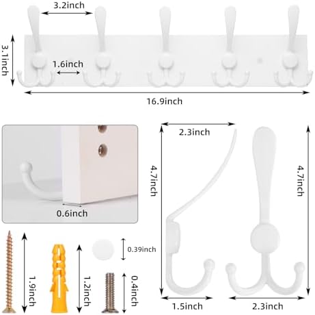 Kuhome 2pcs Coat Rack Wall Mount Coat Hooks Wooden Hat Rack for Wall Hooks Pine Real Wood Plank 16.9" White Coat Hanger with 5 White Triple Hooks for Hanging Coat Hat Jacket - Image 2