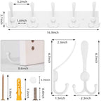 Kuhome 2pcs Coat Rack Wall Mount Coat Hooks Wooden Hat Rack for Wall Hooks Pine Real Wood Plank 16.9" White Coat Hanger with 5 White Triple Hooks for Hanging Coat Hat Jacket - Image 2