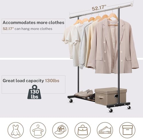 VICERII Clothes Rack, 130LB Capacity Heavy Duty Clothing Rack with Wheels and Bottom Shelf, 52.17 Inch Rolling Racks for Hanging Clothes, Coats, Shirts, Sweaters, Skirts, Dress, Black - Image 3