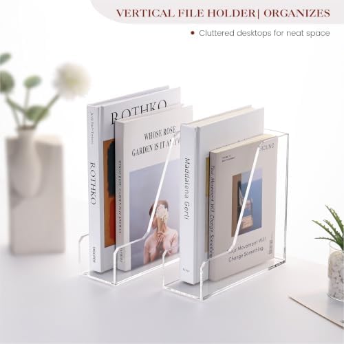 HeZone Acrylic Magazine Rack File Holder Desk Organizers and Storage 2-Pack Small Clear Acrylic Vertical Magazine Holder Book Stand for Office Desk - Image 4