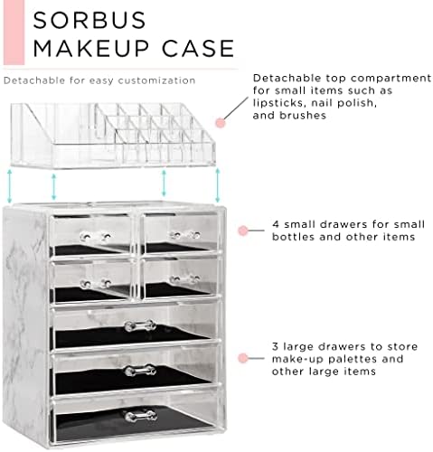 Sorbus Makeup Organizer, 7-Drawer Acrylic 2-Piece Set (Marble Print) - Image 4